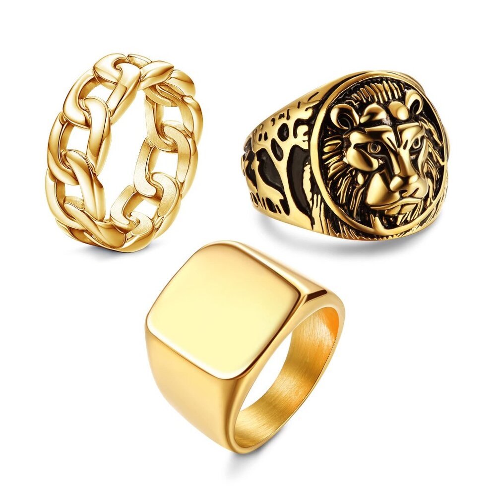 Chunky Cuban Link Ring Set 14K Gold Plated Stainless Steel Unisex Sizes